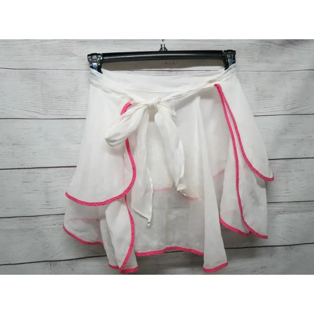 Vintage Waist Apron Sheer White with Pink Trim Layered Ruffle Retro